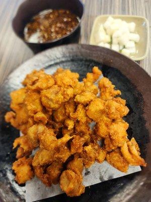 Popcorn chicken w/ soy garlic sauce on the side