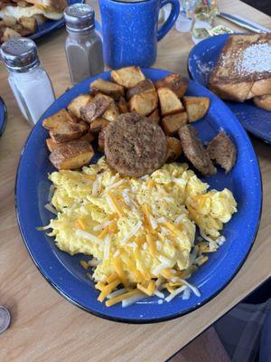 Scrambled Eggs, sausage and home fries