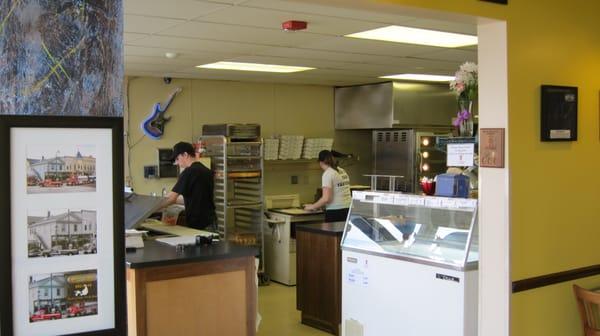 The clean, well organized open food prep area