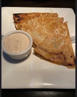 Our appetizer, crab quesadillas. They are a little on the spicy side!