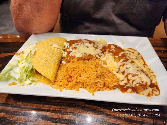 Taco, enchilada,  beans and rice