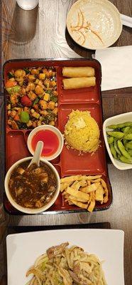 Kung pao chicken, hot and sour soup, fried rice, spring roll bento