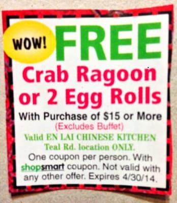 Free Crab Ragoon since dinner comes with an egg roll.