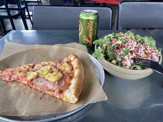 'Hawaiian' pizza Pagliacci Salad BEER