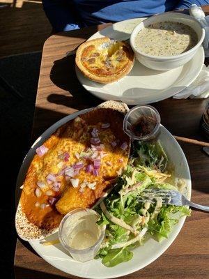 Black Bean Enchiladas, Lemon Tahini Salad, Quiche, Clam Chowder