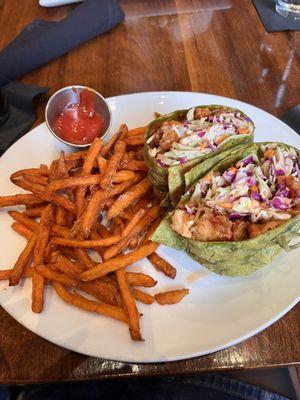 Sriracha chicken wrap with Sweet Potato Fries