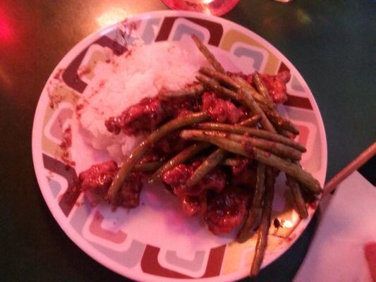 Chinese Chicken, Fried Green beans, sticky white rice