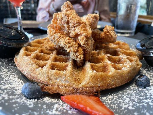 Blueberry lemon waffle and fried chicken.