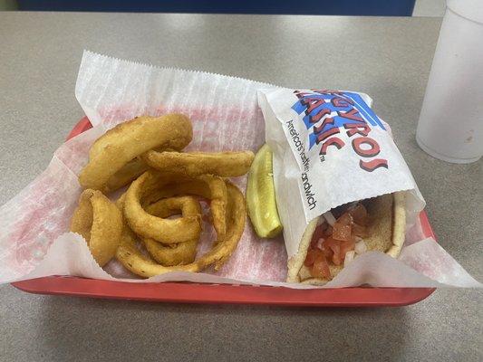 Souvlaki Sandwich and Fried Onion Rings