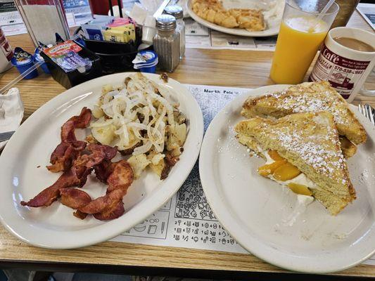 Stuff peaches and cream French toast with bacon and potatoes (I added onion to it)