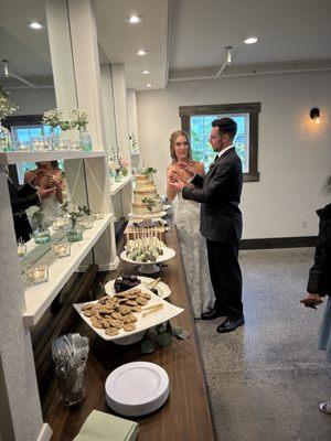 The buffet room, dessert on the left and catering set up to the right.