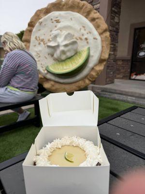 A key lime pie in front of the key lime outside of the Crust Club in St. George, Utah