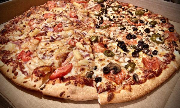 Side A: ham, pineapple, tomato & onion. Side B: pepperoni, olives, jalapeño & mushrooms.