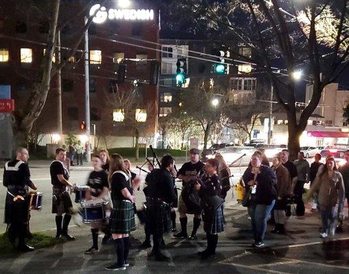 Troupe of bagpipers ready to perform at Pequilar