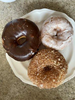 Chocolate glazed, crumb and sugar glazed.