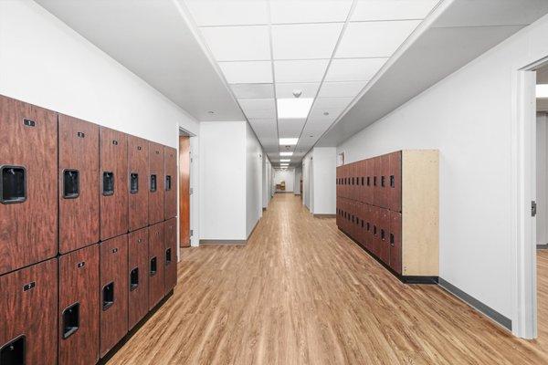 Hallway with cubbies.