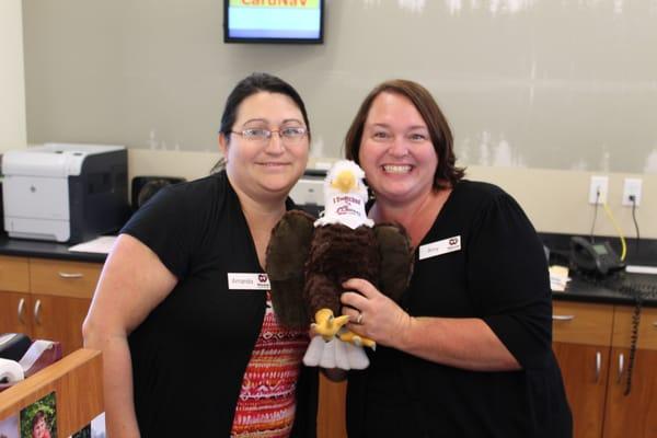 Amy and Amanda at our St Helen's branch with our Wauna CU eagle!