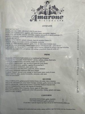 Dinner menu