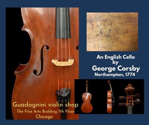 An English cello by George Corsby, Northampton 1774. Contact Guadagnini Violin Shop. https://www.guadagniniviolins.com/george-corsby