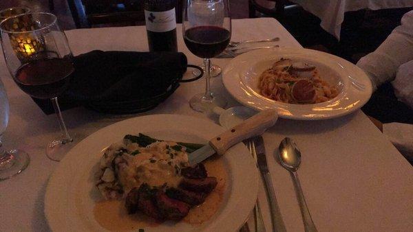 Filet Oscar & Scallop Bruschetta Fettuccini