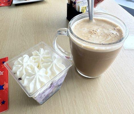 Homemade blueberry cup with vanilla latte