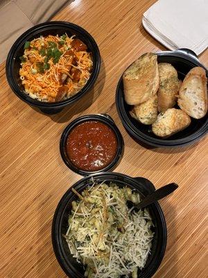 Pesto Cavatappi, Buffalo Chicken Mac, Cheesy Garlic Bread