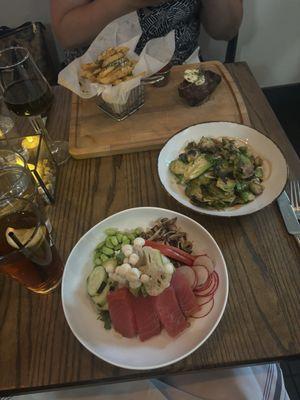 Tuna Buddha bowl, Brussel sprouts, steak frites