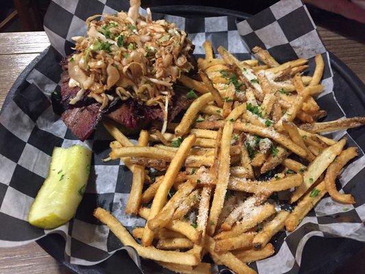 Bunless Brisket Sandwich with Parmesan dusted fries (ask for the aioli dipping sauce!)