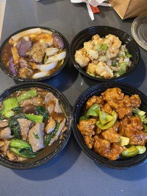 Lar Nar with Beef, General Tso, Egg Plant with Garlic Sauce & Shrimp, and Salt & Pepper Shrimp.