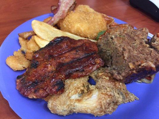 Various spread of chicken, pork, meatloaf, and shrimp.