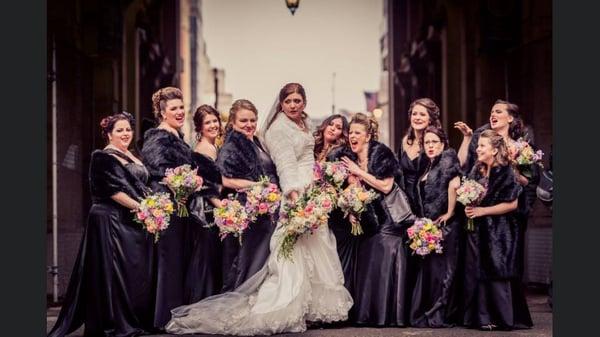 me and my bridesmaids clowning around at city hall.