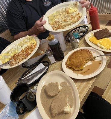 Pumpkin pancake, gravy biscuit, liver mush, eggs, omelets, hashbrowns