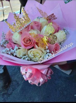 2 Dozen Mini Buchon of Pink And White roses with a crown and butterfly's