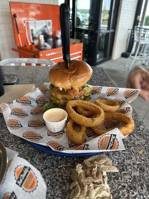 Bad Ass burger and onion rings