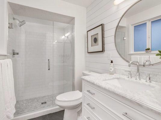 All white bathroom  
Walls ceilings and wood work. Extra white