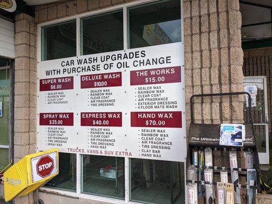 Prices to upgrade to wash WITH oil change.