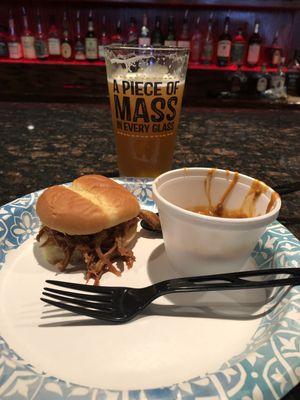 Glass of Wormtown, chili, and pulled pork sliders