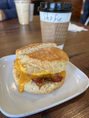 Egg & Cheese on a Biscuit with bacon added.