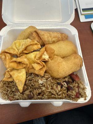 Pork fried rice, crab Rangoon, chicken tenders