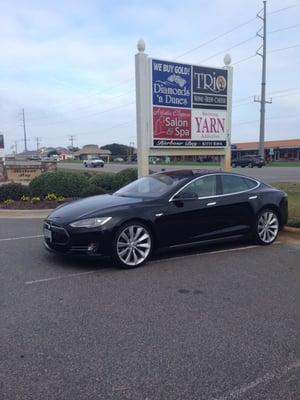 My Tesla parked by the Knitting Addiction store