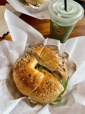 Bagel, Egg, and Cheese with Avocado Iced Matcha Latte