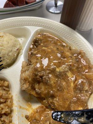 Mexican Chicken-Fried Steak. Yes, that is enchilada sauce over a chicken-fried steak.