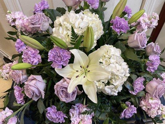 Casket spray with lavender and white