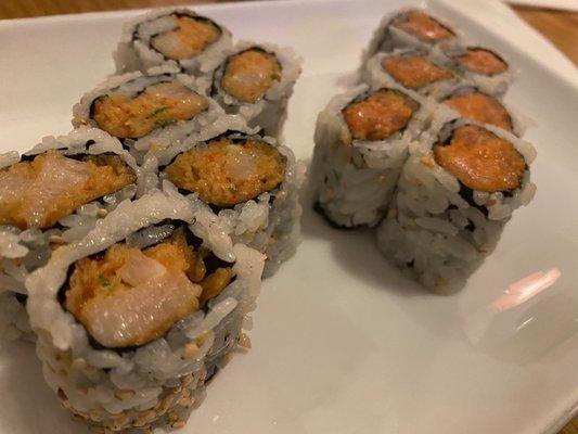 Spicy yellowtail roll (left) and spicy salmon (right)