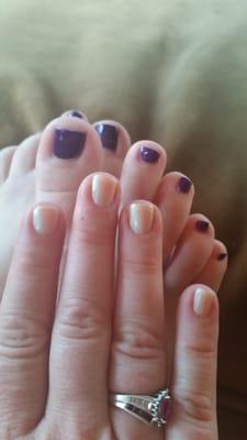 Nice vibrant pedi and skin toned gel mani, a few hours after service.