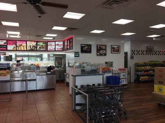 Has a fast food counter and a convenience store