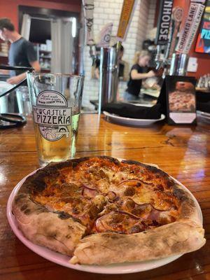 Sausage onion pizza & cider