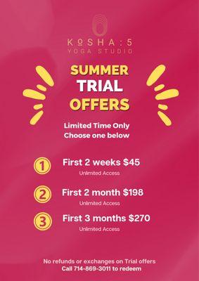 Trial offers for the new students at the studio- a one time offer.