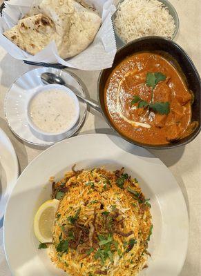 Butter Chicken Curry, Chicken Biryani, Fried Okra, Naan Bread and Madras Coffee.