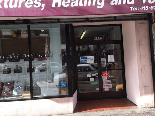 Front door and display window.